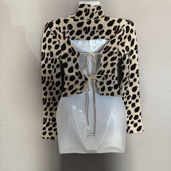 Zara Jacquard Knit Leopard Top Small Animal Print Long Sleeve Sweater Backless - Picture 3 of 9